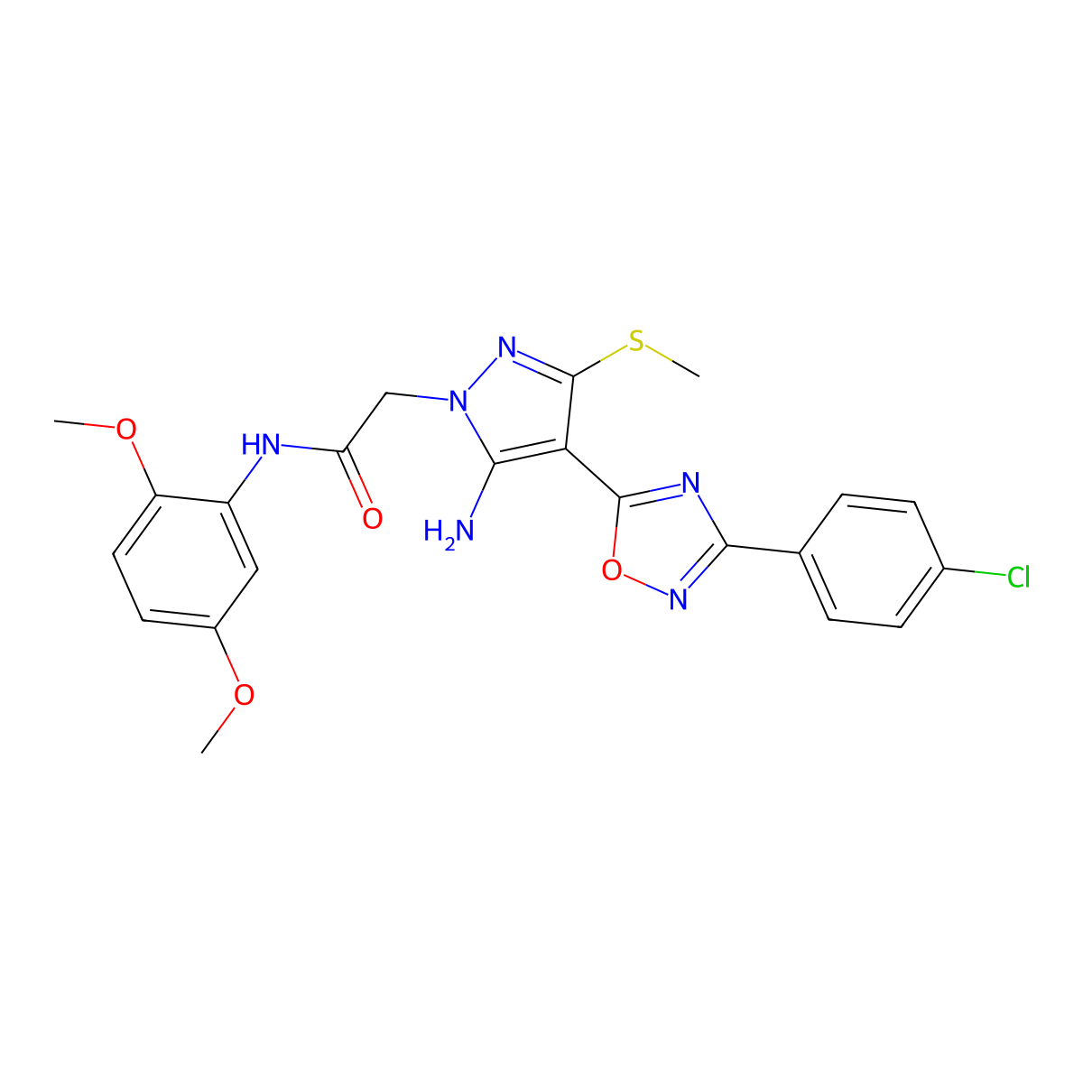 2-(5-amino-4-(3-(4-chlorophenyl)-1,2,4-oxadiazol-5-yl)-3-(methylthio)-1H-pyrazol-1-yl)-N-(2,5-dimethoxyphenyl)acetamide molecular structure, CAS 1242924-10-2