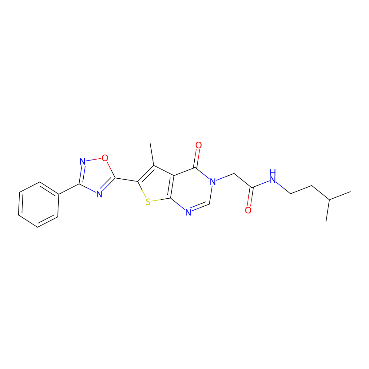 2-[5-methyl-4-oxo-6-(3-phenyl-1,2,4-oxadiazol-5-yl)-3H,4H-thieno[2,3-d]pyrimidin-3-yl]-N-(3-methylbutyl)acetamide molecular structure, CAS 1242924-27-1