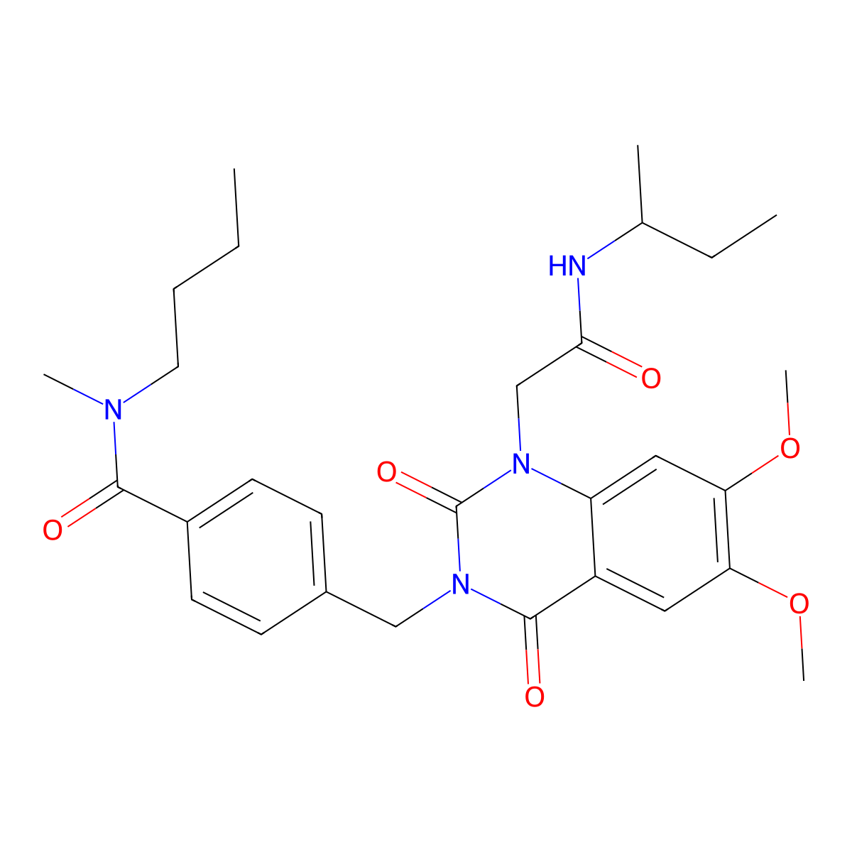 N-butyl-4-((1-(2-(sec-butylamino)-2-oxoethyl)-6,7-dimethoxy-2,4-dioxo-1,2-dihydroquinazolin-3(4H)-yl)methyl)-N-methylbenzamide molecular structure, CAS 1242925-11-6