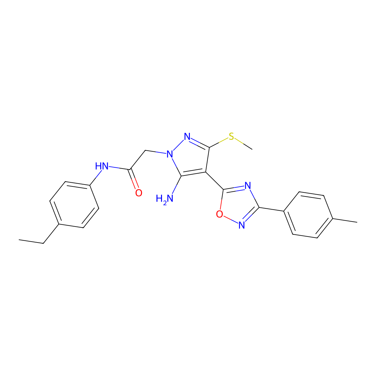 2-{5-amino-4-[3-(4-methylphenyl)-1,2,4-oxadiazol-5-yl]-3-(methylsulfanyl)-1H-pyrazol-1-yl}-N-(4-ethylphenyl)acetamide molecular structure, CAS 1242926-73-3