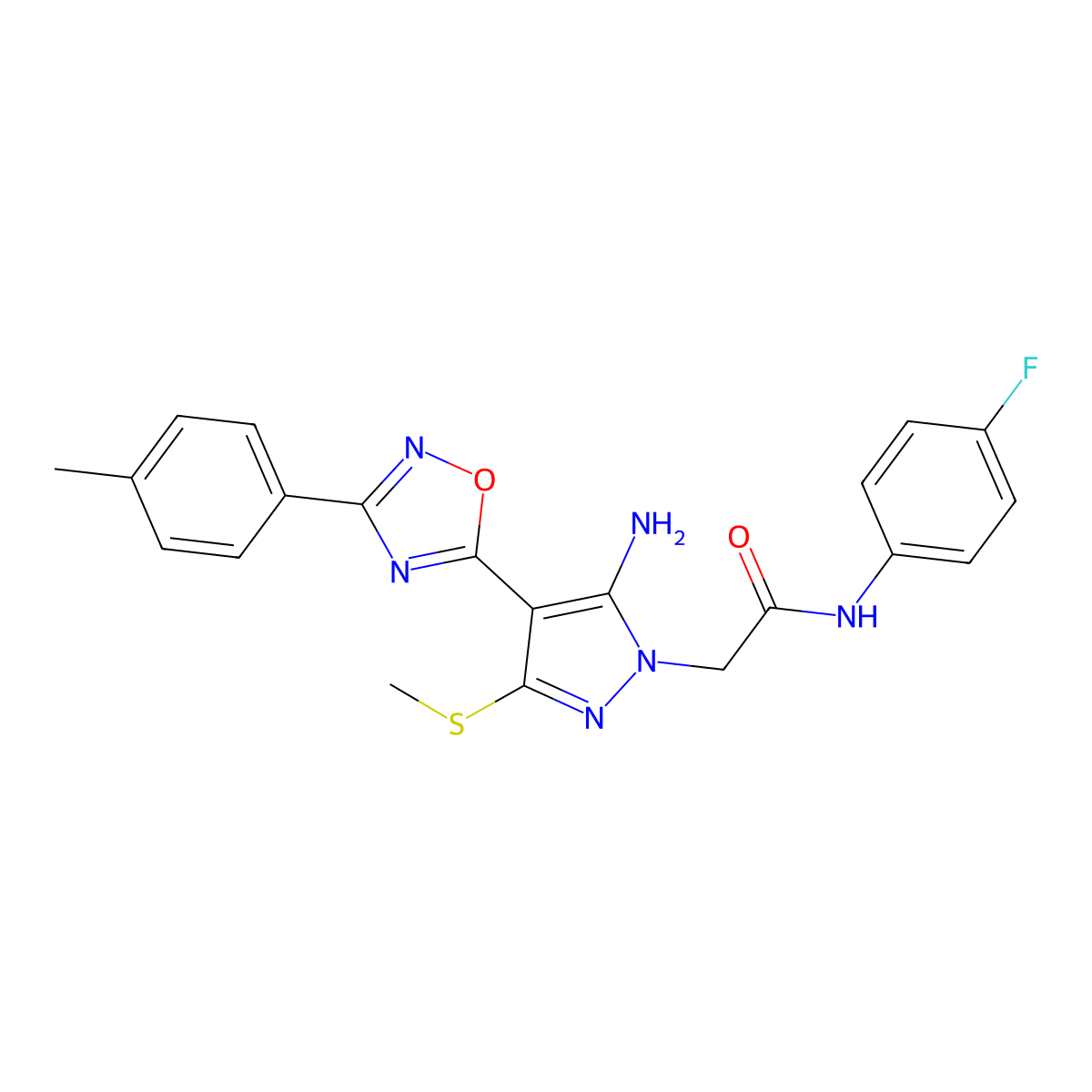 2-{5-amino-4-[3-(4-methylphenyl)-1,2,4-oxadiazol-5-yl]-3-(methylsulfanyl)-1H-pyrazol-1-yl}-N-(4-fluorophenyl)acetamide molecular structure, CAS 1242928-14-8
