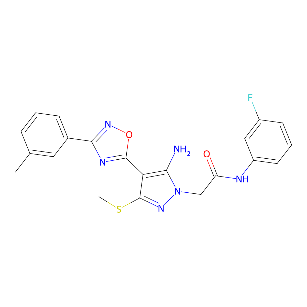 2-{5-amino-4-[3-(3-methylphenyl)-1,2,4-oxadiazol-5-yl]-3-(methylsulfanyl)-1H-pyrazol-1-yl}-N-(3-fluorophenyl)acetamide molecular structure, CAS 1242928-51-3