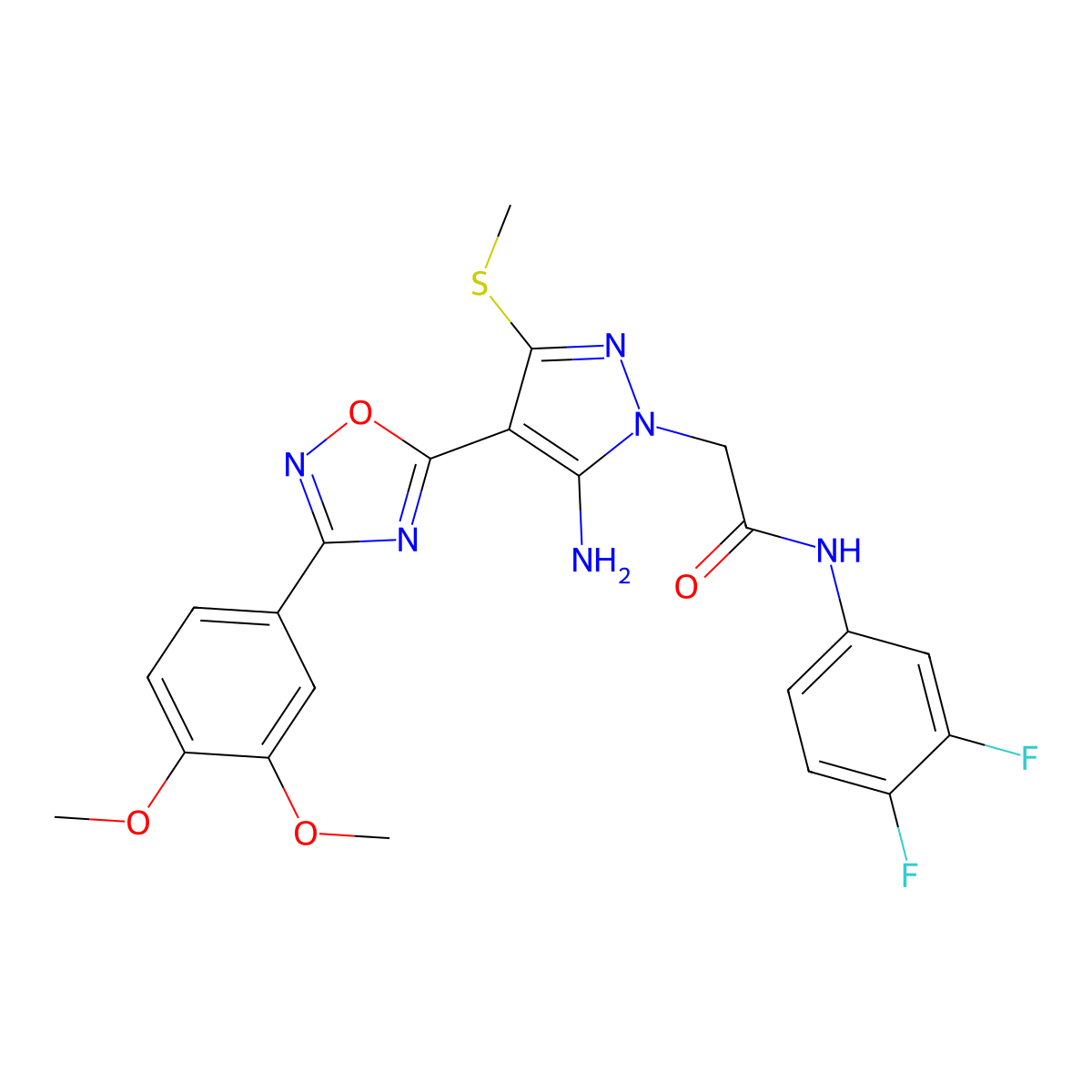 2-(5-amino-4-(3-(3,4-dimethoxyphenyl)-1,2,4-oxadiazol-5-yl)-3-(methylthio)-1H-pyrazol-1-yl)-N-(3,4-difluorophenyl)acetamide molecular structure, CAS 1242930-25-1