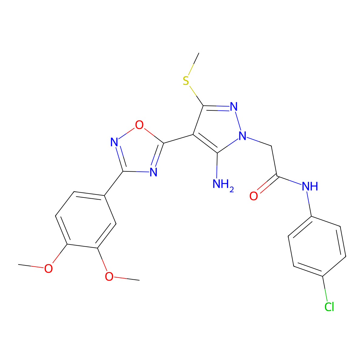 2-(5-amino-4-(3-(3,4-dimethoxyphenyl)-1,2,4-oxadiazol-5-yl)-3-(methylthio)-1H-pyrazol-1-yl)-N-(4-chlorophenyl)acetamide molecular structure, CAS 1242930-98-8