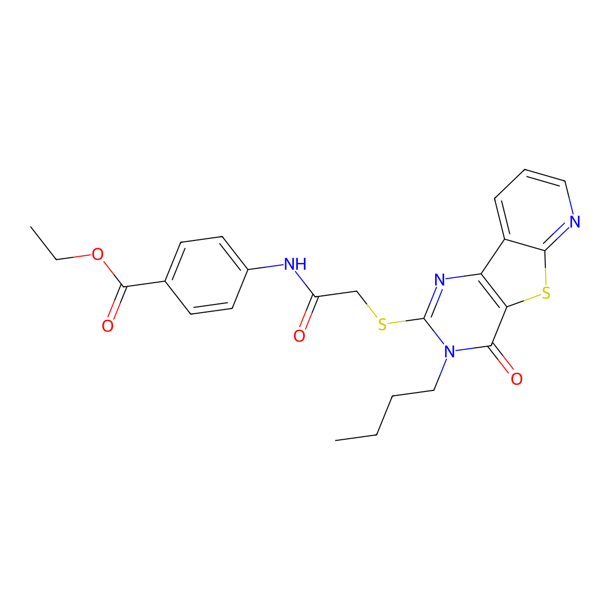 Ethyl 4-[2-({5-butyl-6-oxo-8-thia-3,5,10-triazatricyclo[7.4.0.0^{2,7}]trideca-1(9),2(7),3,10,12-pentaen-4-yl}sulfanyl)acetamido]benzoate molecular structure, CAS 1242932-79-1