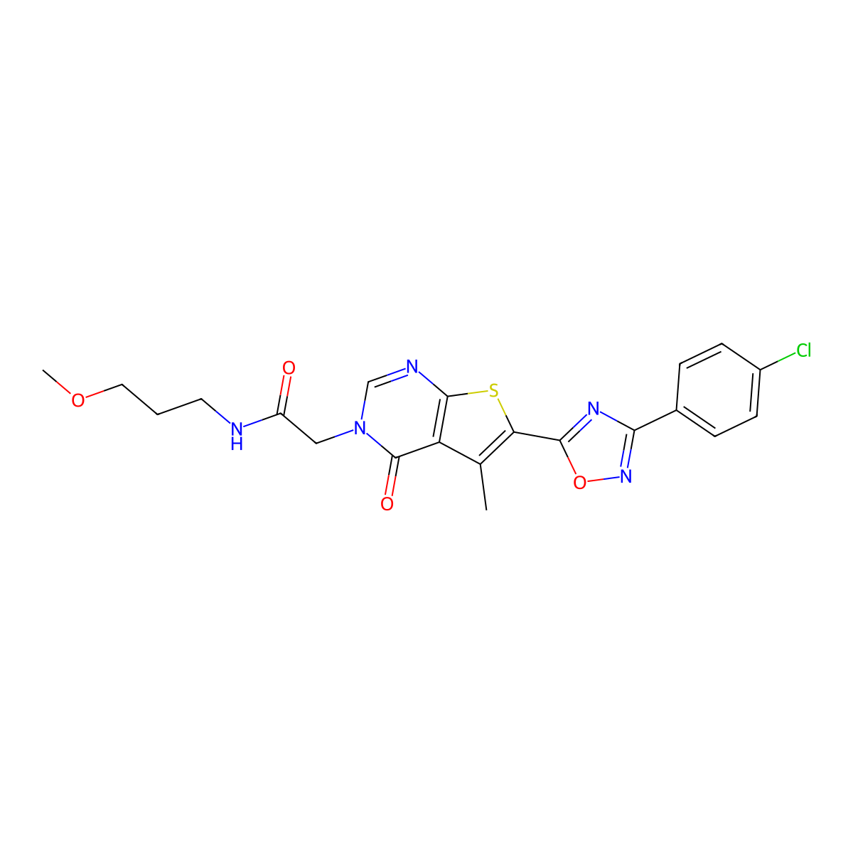 2-(6-(3-(4-chlorophenyl)-1,2,4-oxadiazol-5-yl)-5-methyl-4-oxothieno[2,3-d]pyrimidin-3(4H)-yl)-N-(3-methoxypropyl)acetamide molecular structure, CAS 1242934-04-8