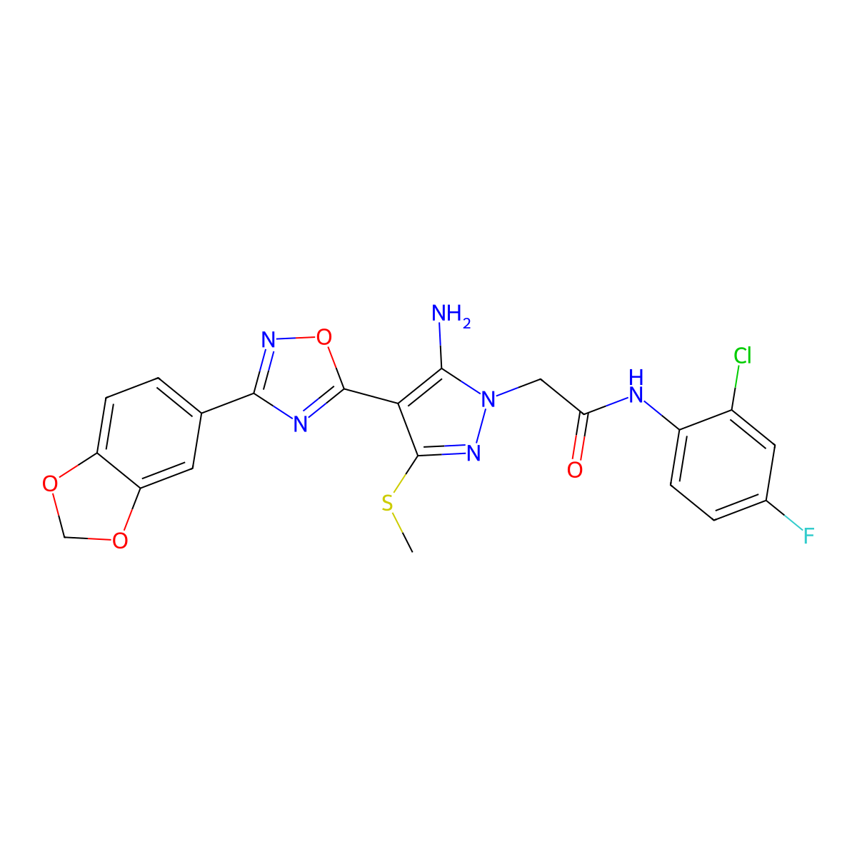 2-(5-amino-4-(3-(benzo[d][1,3]dioxol-5-yl)-1,2,4-oxadiazol-5-yl)-3-(methylthio)-1H-pyrazol-1-yl)-N-(2-chloro-4-fluorophenyl)acetamide molecular structure, CAS 1242935-49-4
