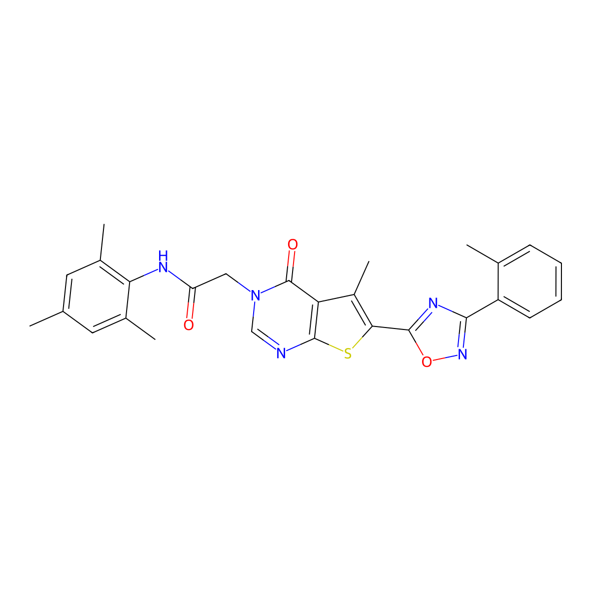2-{5-methyl-6-[3-(2-methylphenyl)-1,2,4-oxadiazol-5-yl]-4-oxo-3H,4H-thieno[2,3-d]pyrimidin-3-yl}-N-(2,4,6-trimethylphenyl)acetamide molecular structure, CAS 1242935-96-1
