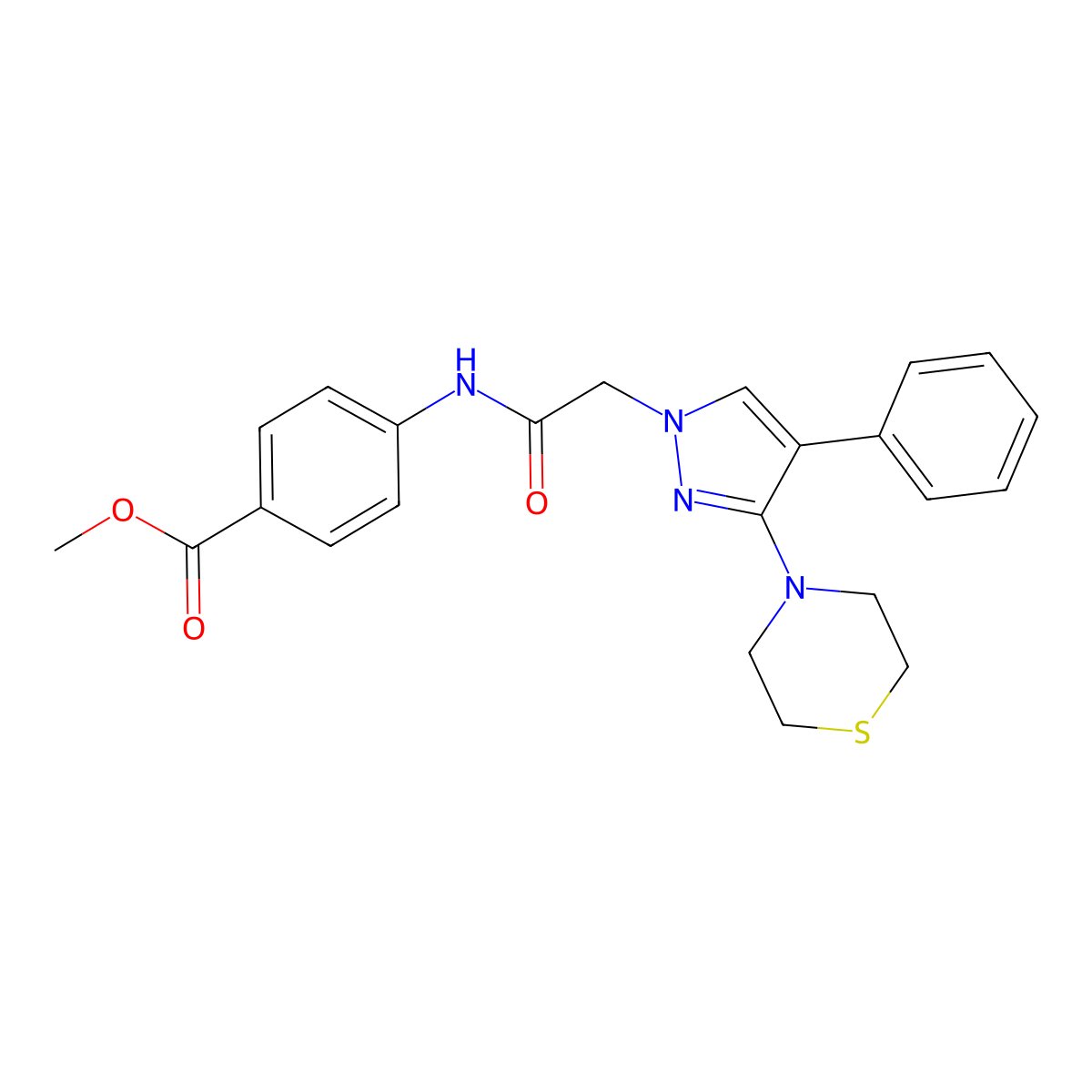 methyl 4-(2-(4-phenyl-3-thiomorpholino-1H-pyrazol-1-yl)acetamido)benzoate molecular structure, CAS 1242936-42-0