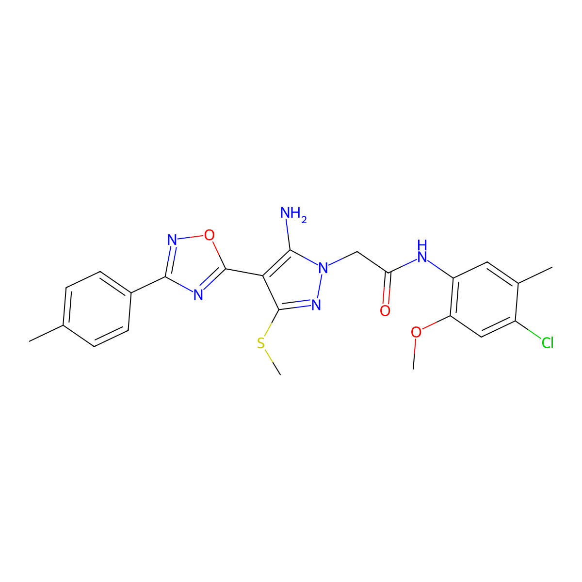 2-{5-amino-4-[3-(4-methylphenyl)-1,2,4-oxadiazol-5-yl]-3-(methylsulfanyl)-1H-pyrazol-1-yl}-N-(4-chloro-2-methoxy-5-methylphenyl)acetamide molecular structure, CAS 1242939-48-5