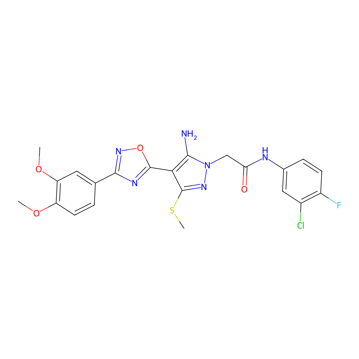 2-(5-amino-4-(3-(3,4-dimethoxyphenyl)-1,2,4-oxadiazol-5-yl)-3-(methylthio)-1H-pyrazol-1-yl)-N-(3-chloro-4-fluorophenyl)acetamide molecular structure, CAS 1242949-77-4