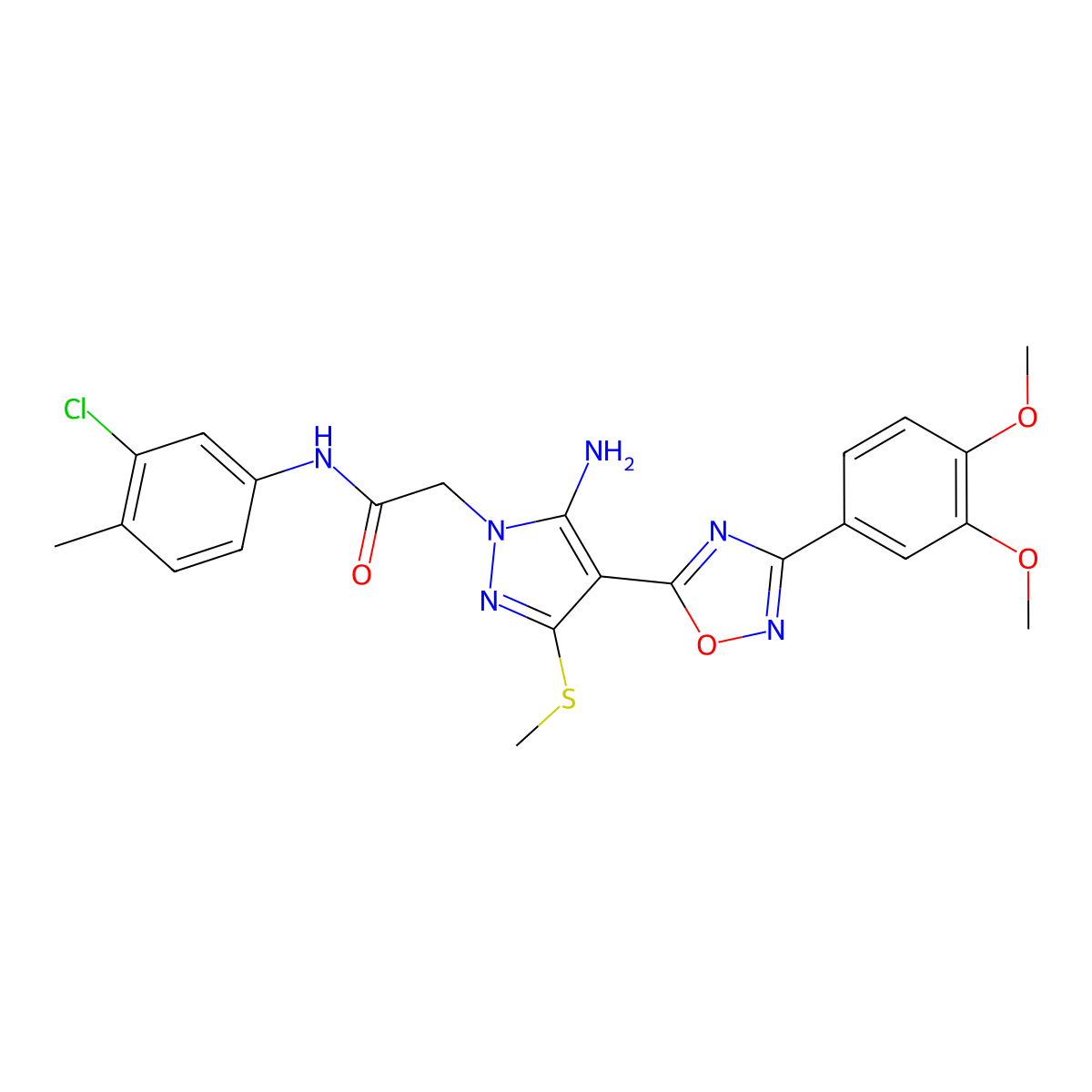 2-(5-amino-4-(3-(3,4-dimethoxyphenyl)-1,2,4-oxadiazol-5-yl)-3-(methylthio)-1H-pyrazol-1-yl)-N-(3-chloro-4-methylphenyl)acetamide molecular structure, CAS 1242957-02-3