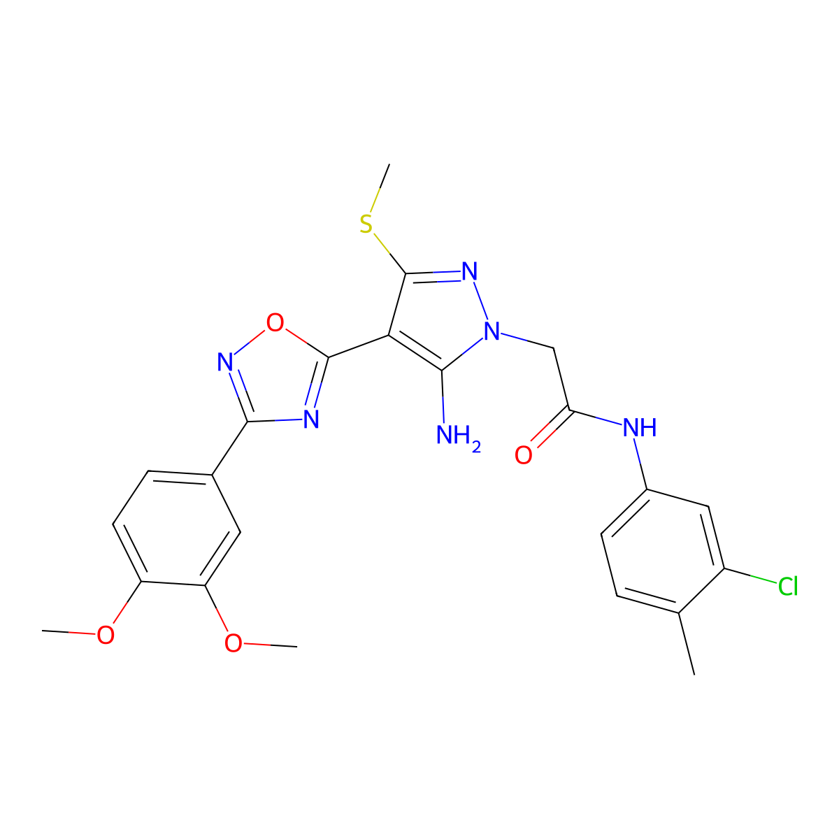 2-(5-amino-4-(3-(3,4-dimethoxyphenyl)-1,2,4-oxadiazol-5-yl)-3-(methylthio)-1H-pyrazol-1-yl)-N-(3-chloro-4-methylphenyl)acetamide molecular structure, CAS 1242957-02-3
