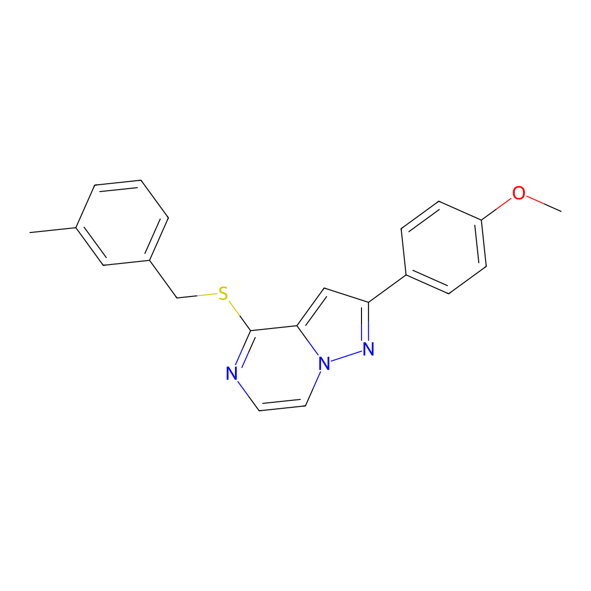 2-(4-Methoxyphenyl)-4-((3-methylbenzyl)thio)pyrazolo[1,5-a]pyrazine molecular structure, CAS 1242958-87-7