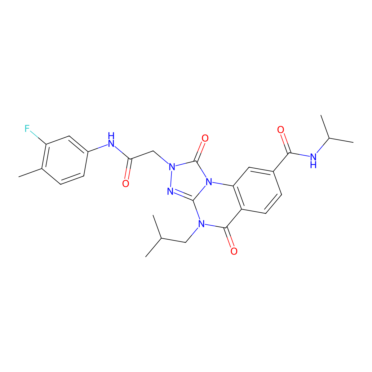 2-(2-((3-fluoro-4-methylphenyl)amino)-2-oxoethyl)-4-isobutyl-N-isopropyl-1,5-dioxo-1,2,4,5-tetrahydro-[1,2,4]triazolo[4,3-a]quinazoline-8-carboxamide molecular structure, CAS 1242961-55-2