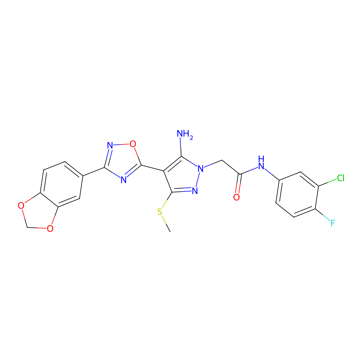 2-(5-amino-4-(3-(benzo[d][1,3]dioxol-5-yl)-1,2,4-oxadiazol-5-yl)-3-(methylthio)-1H-pyrazol-1-yl)-N-(3-chloro-4-fluorophenyl)acetamide molecular structure, CAS 1242962-00-0
