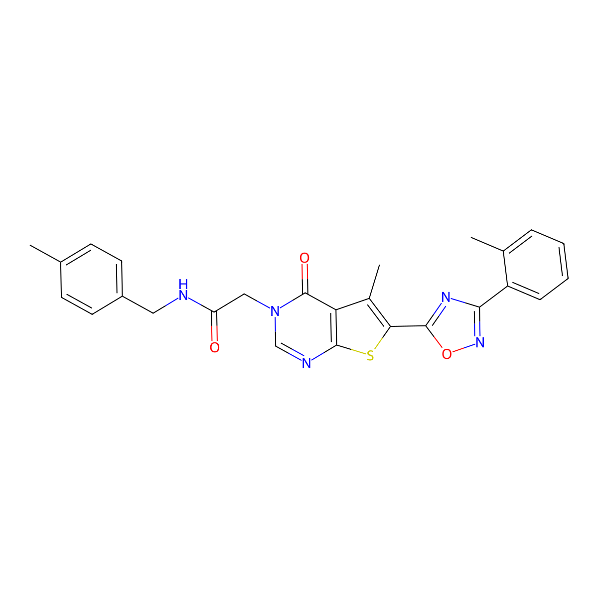 2-(5-methyl-4-oxo-6-(3-(o-tolyl)-1,2,4-oxadiazol-5-yl)thieno[2,3-d]pyrimidin-3(4H)-yl)-N-(4-methylbenzyl)acetamide molecular structure, CAS 1242962-74-8