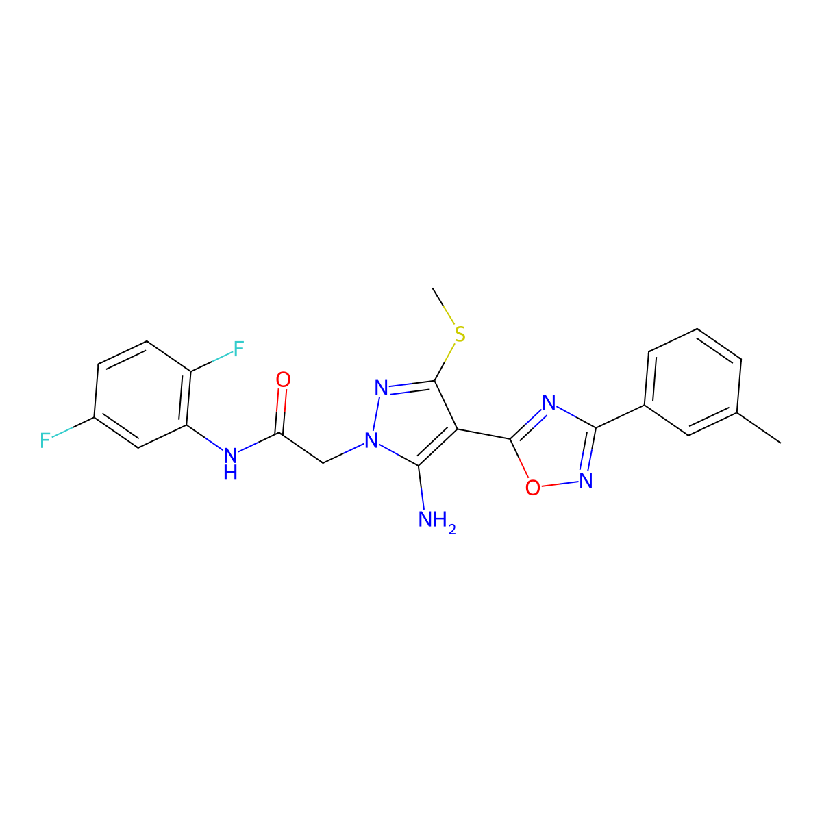 2-{5-amino-4-[3-(3-methylphenyl)-1,2,4-oxadiazol-5-yl]-3-(methylsulfanyl)-1H-pyrazol-1-yl}-N-(2,5-difluorophenyl)acetamide molecular structure, CAS 1242963-06-9