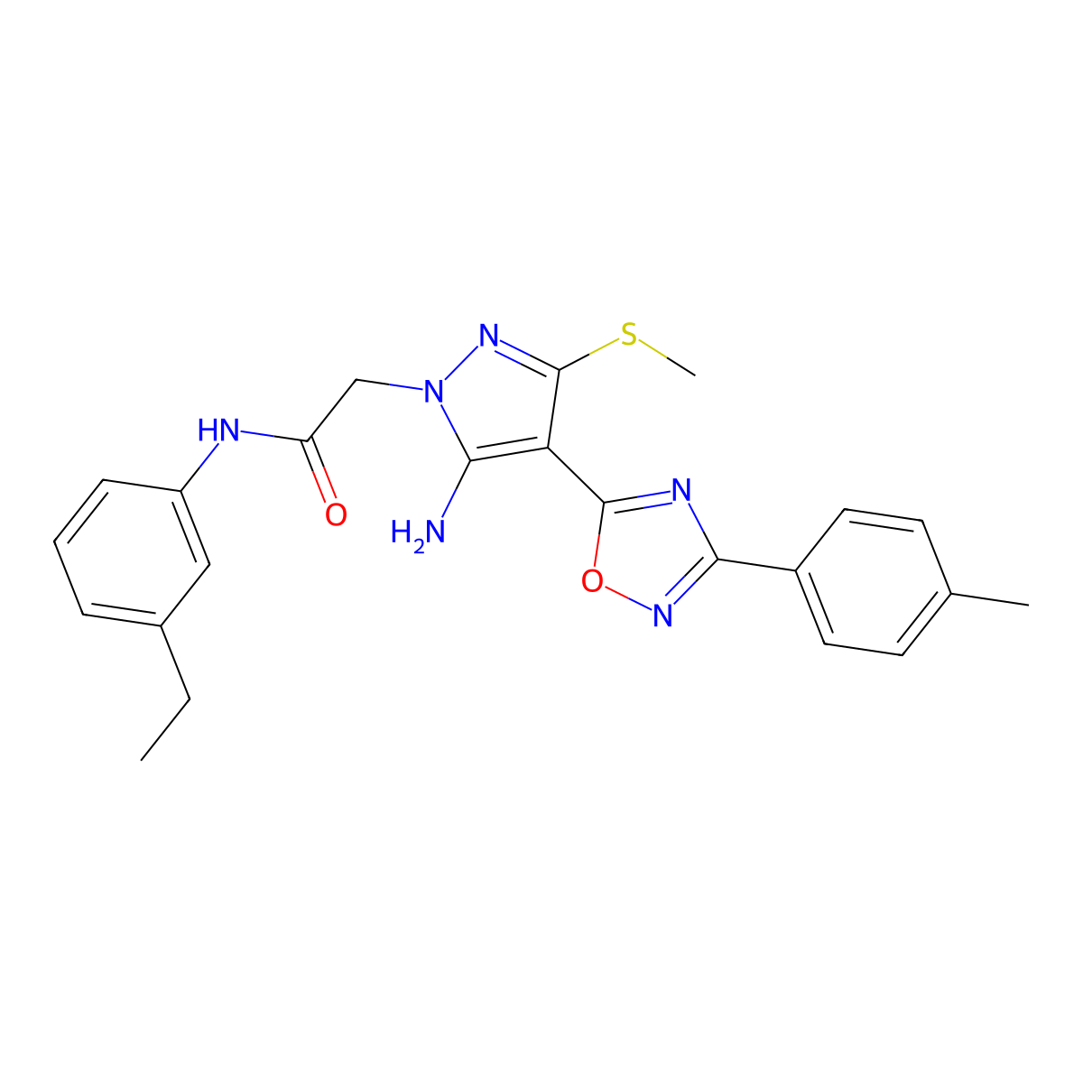 2-{5-amino-4-[3-(4-methylphenyl)-1,2,4-oxadiazol-5-yl]-3-(methylsulfanyl)-1H-pyrazol-1-yl}-N-(3-ethylphenyl)acetamide molecular structure, CAS 1242963-61-6