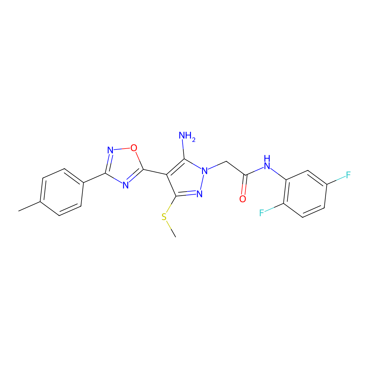 2-{5-amino-4-[3-(4-methylphenyl)-1,2,4-oxadiazol-5-yl]-3-(methylsulfanyl)-1H-pyrazol-1-yl}-N-(2,5-difluorophenyl)acetamide molecular structure, CAS 1242964-14-2