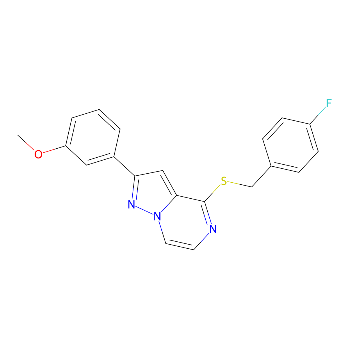 4-{[(4-Fluorophenyl)methyl]sulfanyl}-2-(3-methoxyphenyl)pyrazolo[1,5-A]pyrazine molecular structure, CAS 1242964-37-9