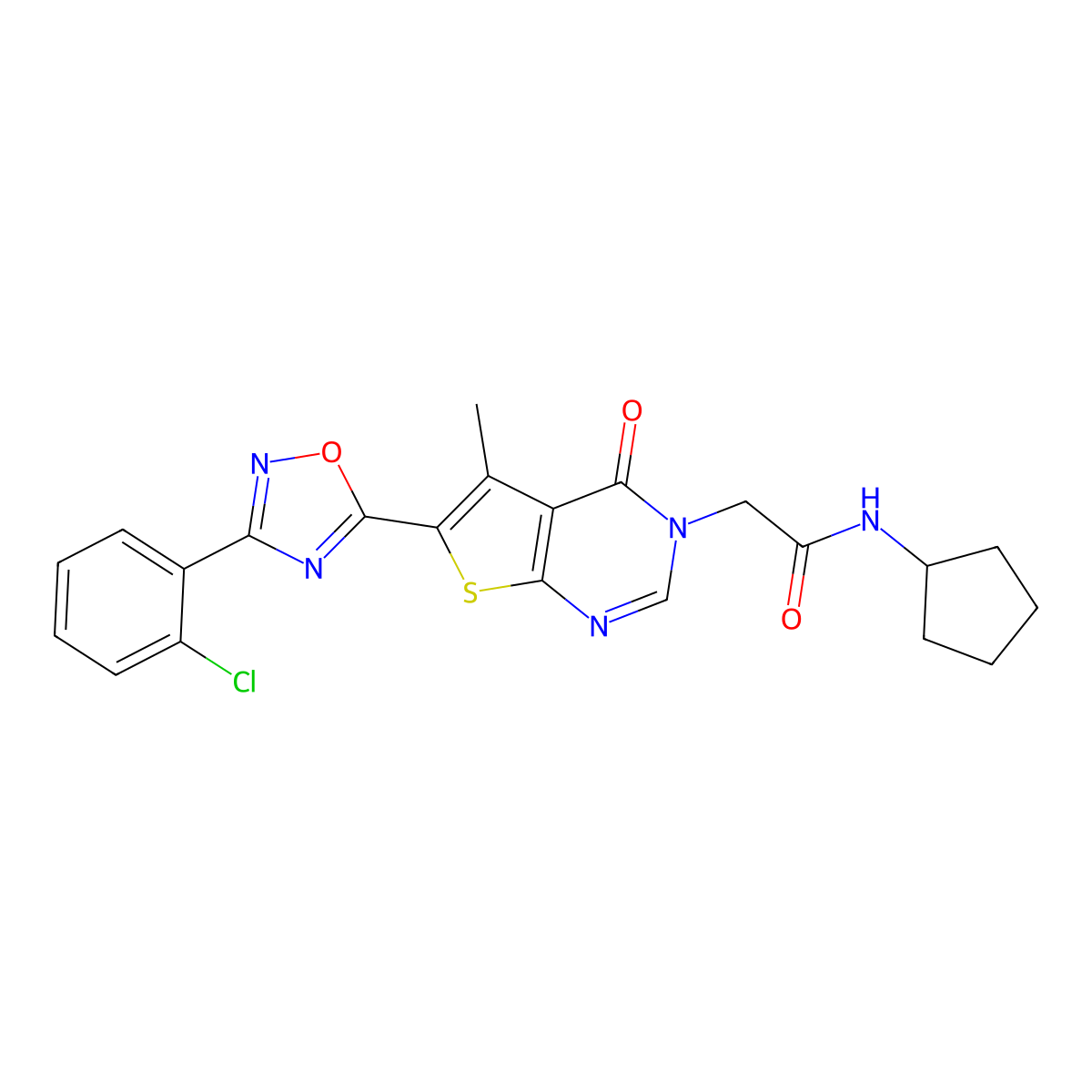 2-(6-(3-(2-chlorophenyl)-1,2,4-oxadiazol-5-yl)-5-methyl-4-oxothieno[2,3-d]pyrimidin-3(4H)-yl)-N-cyclopentylacetamide molecular structure, CAS 1242966-97-7