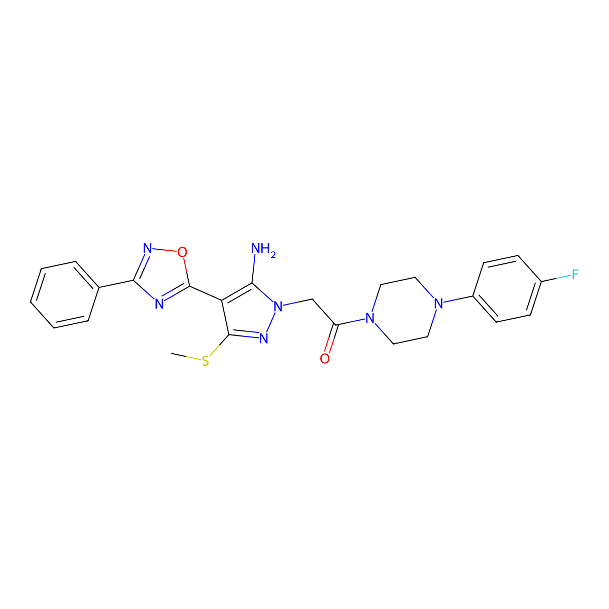 1-{2-[4-(4-fluorophenyl)piperazin-1-yl]-2-oxoethyl}-3-(methylthio)-4-(3-phenyl-1,2,4-oxadiazol-5-yl)-1H-pyrazol-5-amine molecular structure, CAS 1242967-53-8