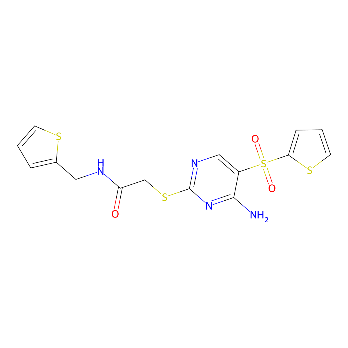 2-{[4-amino-5-(2-thienylsulfonyl)pyrimidin-2-yl]thio}-N-(2-thienylmethyl)acetamide molecular structure, CAS 1242969-04-5
