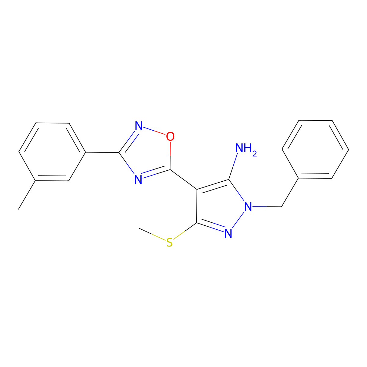 1-benzyl-4-[3-(3-methylphenyl)-1,2,4-oxadiazol-5-yl]-3-(methylsulfanyl)-1H-pyrazol-5-amine molecular structure, CAS 1242969-31-8