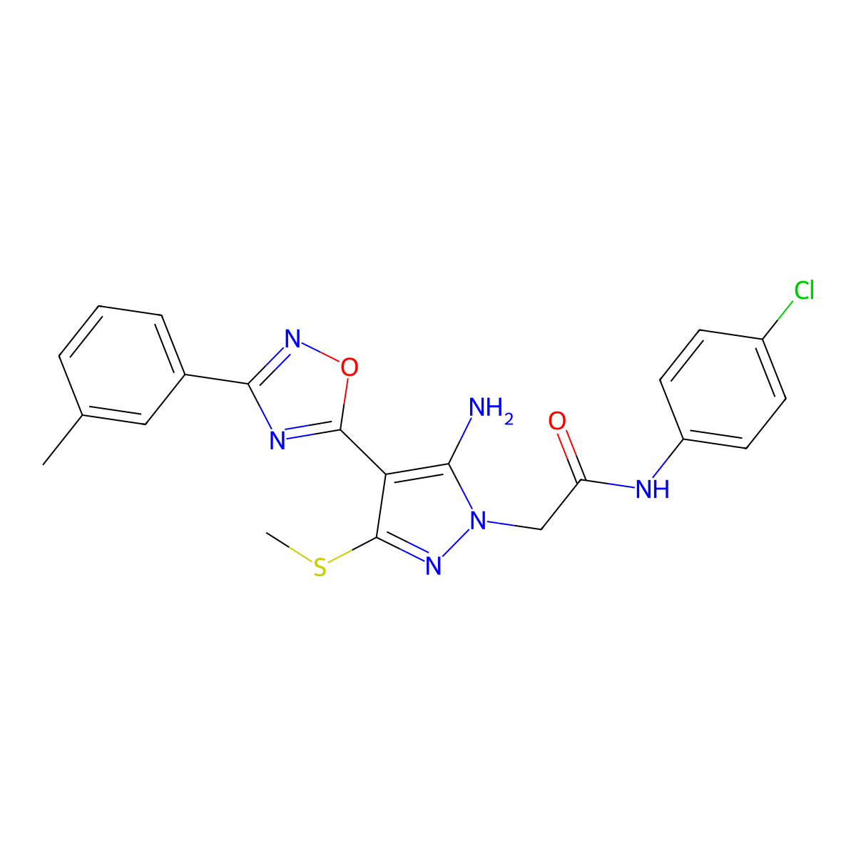 2-{5-amino-4-[3-(3-methylphenyl)-1,2,4-oxadiazol-5-yl]-3-(methylsulfanyl)-1H-pyrazol-1-yl}-N-(4-chlorophenyl)acetamide molecular structure, CAS 1242978-87-5