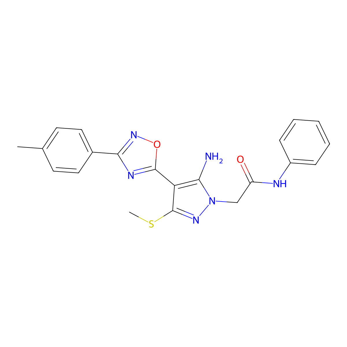 2-{5-amino-4-[3-(4-methylphenyl)-1,2,4-oxadiazol-5-yl]-3-(methylsulfanyl)-1H-pyrazol-1-yl}-N-phenylacetamide molecular structure, CAS 1242982-31-5