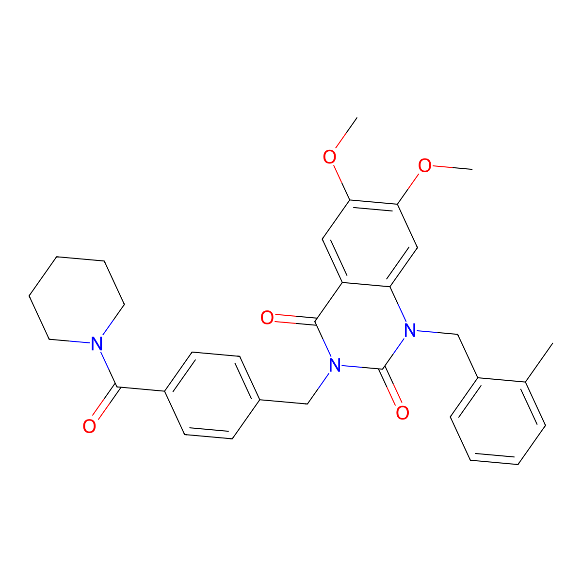 6,7-dimethoxy-1-(2-methylbenzyl)-3-(4-(piperidine-1-carbonyl)benzyl)quinazoline-2,4(1H,3H)-dione molecular structure, CAS 1242982-74-6
