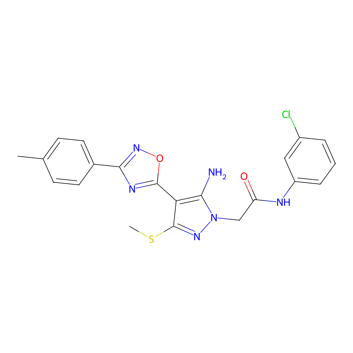2-{5-amino-4-[3-(4-methylphenyl)-1,2,4-oxadiazol-5-yl]-3-(methylsulfanyl)-1H-pyrazol-1-yl}-N-(3-chlorophenyl)acetamide molecular structure, CAS 1242982-89-3