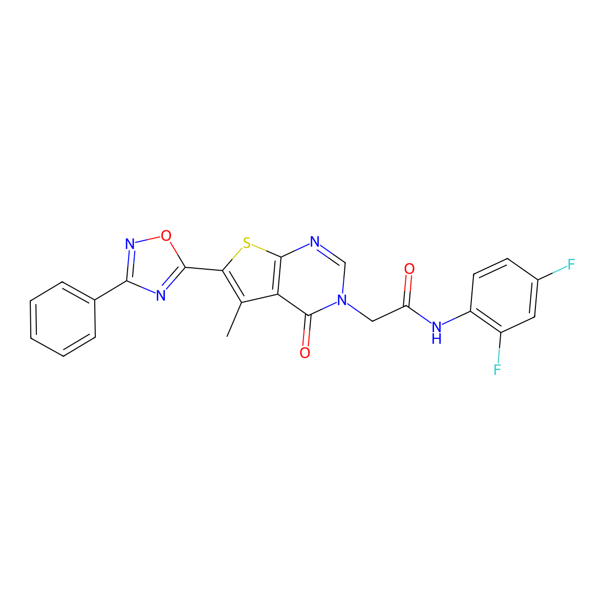 N-(2,4-difluorophenyl)-2-(5-methyl-4-oxo-6-(3-phenyl-1,2,4-oxadiazol-5-yl)thieno[2,3-d]pyrimidin-3(4H)-yl)acetamide molecular structure, CAS 1242983-99-8