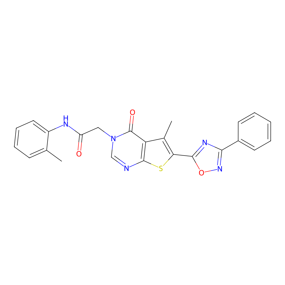 2-(5-methyl-4-oxo-6-(3-phenyl-1,2,4-oxadiazol-5-yl)thieno[2,3-d]pyrimidin-3(4H)-yl)-N-(o-tolyl)acetamide molecular structure, CAS 1242984-41-3