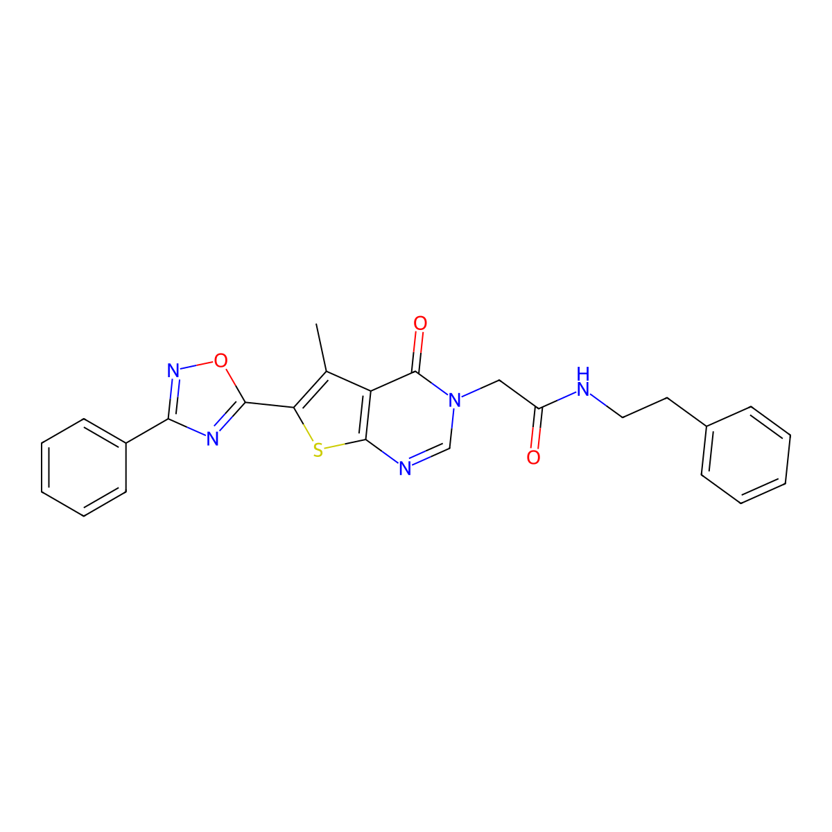 2-(5-methyl-4-oxo-6-(3-phenyl-1,2,4-oxadiazol-5-yl)thieno[2,3-d]pyrimidin-3(4H)-yl)-N-phenethylacetamide molecular structure, CAS 1242984-63-9