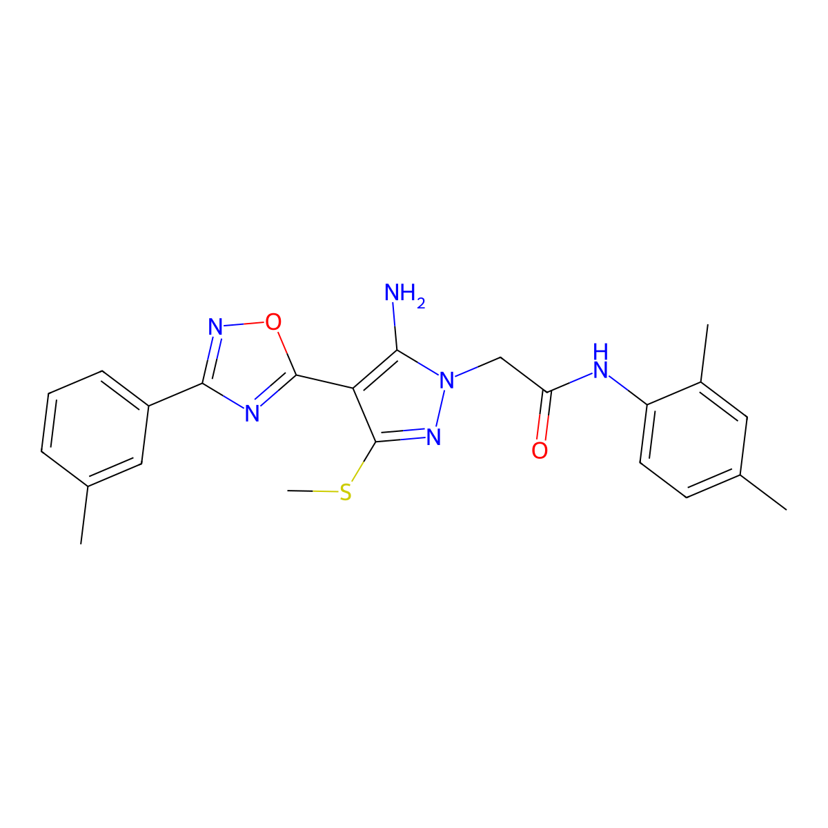 2-{5-amino-4-[3-(3-methylphenyl)-1,2,4-oxadiazol-5-yl]-3-(methylsulfanyl)-1H-pyrazol-1-yl}-N-(2,4-dimethylphenyl)acetamide molecular structure, CAS 1242986-15-7