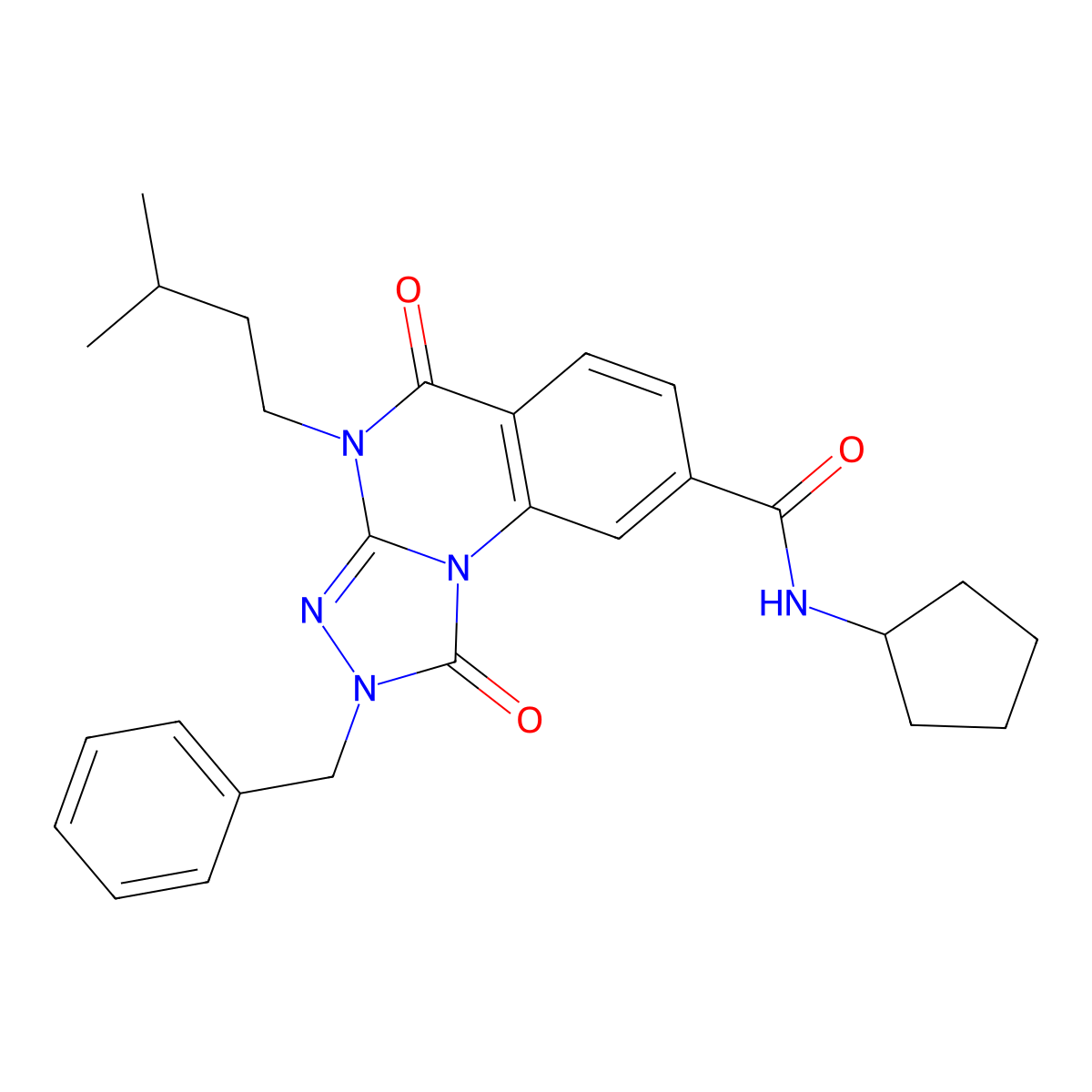 2-benzyl-N-cyclopentyl-4-(3-methylbutyl)-1,5-dioxo-1,2,4,5-tetrahydro[1,2,4]triazolo[4,3-a]quinazoline-8-carboxamide molecular structure, CAS 1242994-26-8
