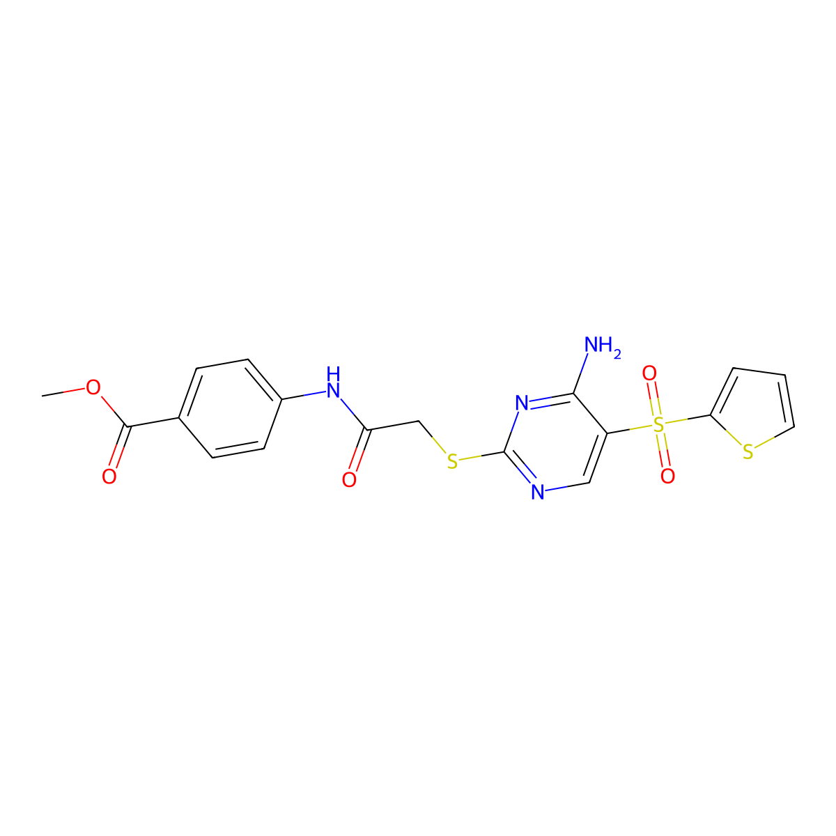 Methyl 4-[({[4-amino-5-(2-thienylsulfonyl)pyrimidin-2-yl]thio}acetyl)amino]benzoate molecular structure, CAS 1242994-50-8