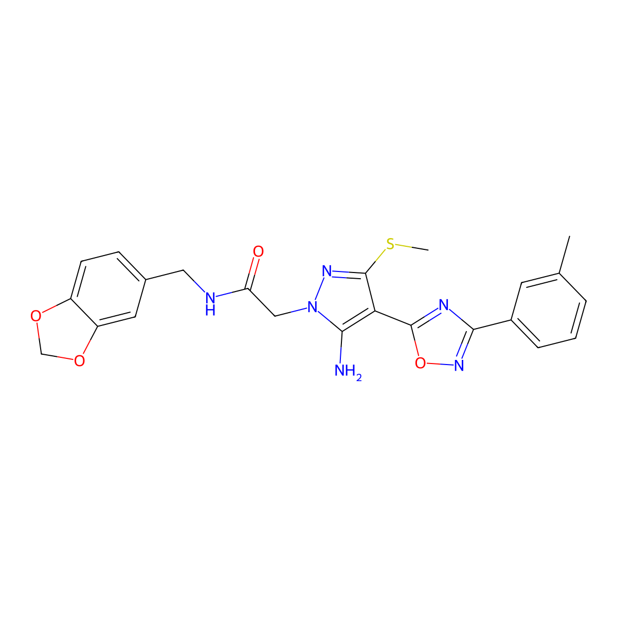2-{5-amino-4-[3-(3-methylphenyl)-1,2,4-oxadiazol-5-yl]-3-(methylsulfanyl)-1H-pyrazol-1-yl}-N-[(2H-1,3-benzodioxol-5-yl)methyl]acetamide molecular structure, CAS 1242994-84-8