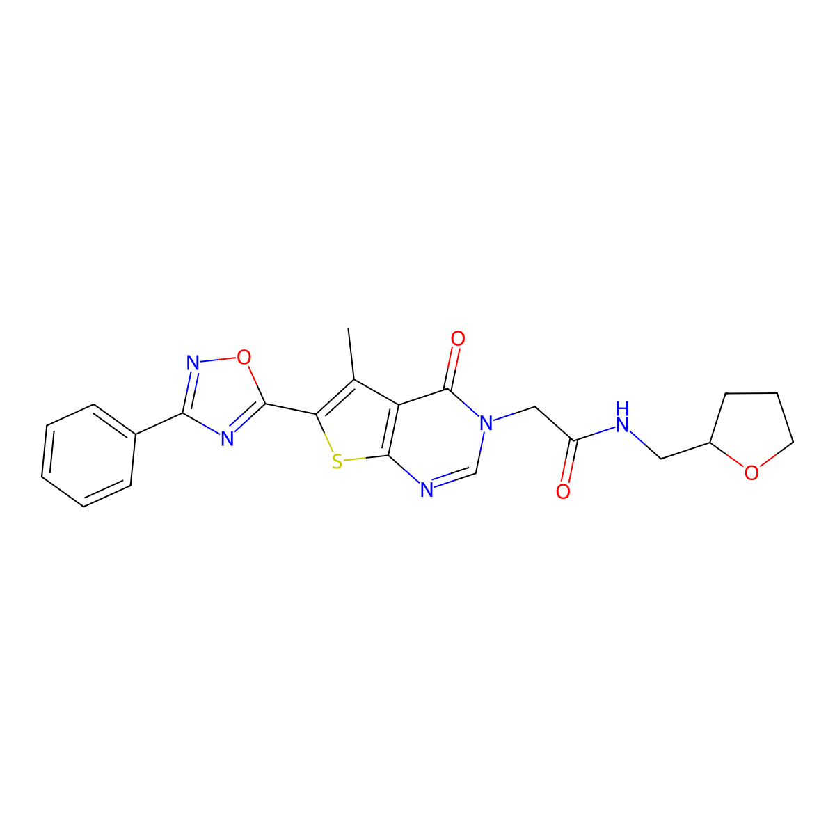 2-(5-methyl-4-oxo-6-(3-phenyl-1,2,4-oxadiazol-5-yl)thieno[2,3-d]pyrimidin-3(4H)-yl)-N-((tetrahydrofuran-2-yl)methyl)acetamide molecular structure, CAS 1242996-33-3