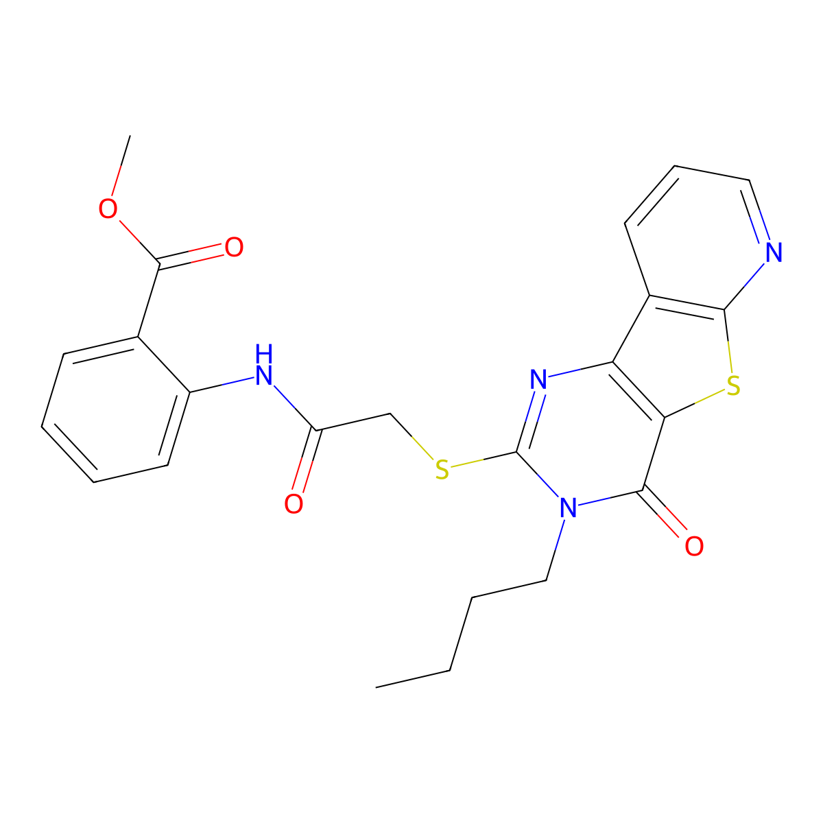 Methyl 2-(2-((3-butyl-4-oxo-3,4-dihydropyrido[3',2':4,5]thieno[3,2-d]pyrimidin-2-yl)thio)acetamido)benzoate molecular structure, CAS 1242997-78-9