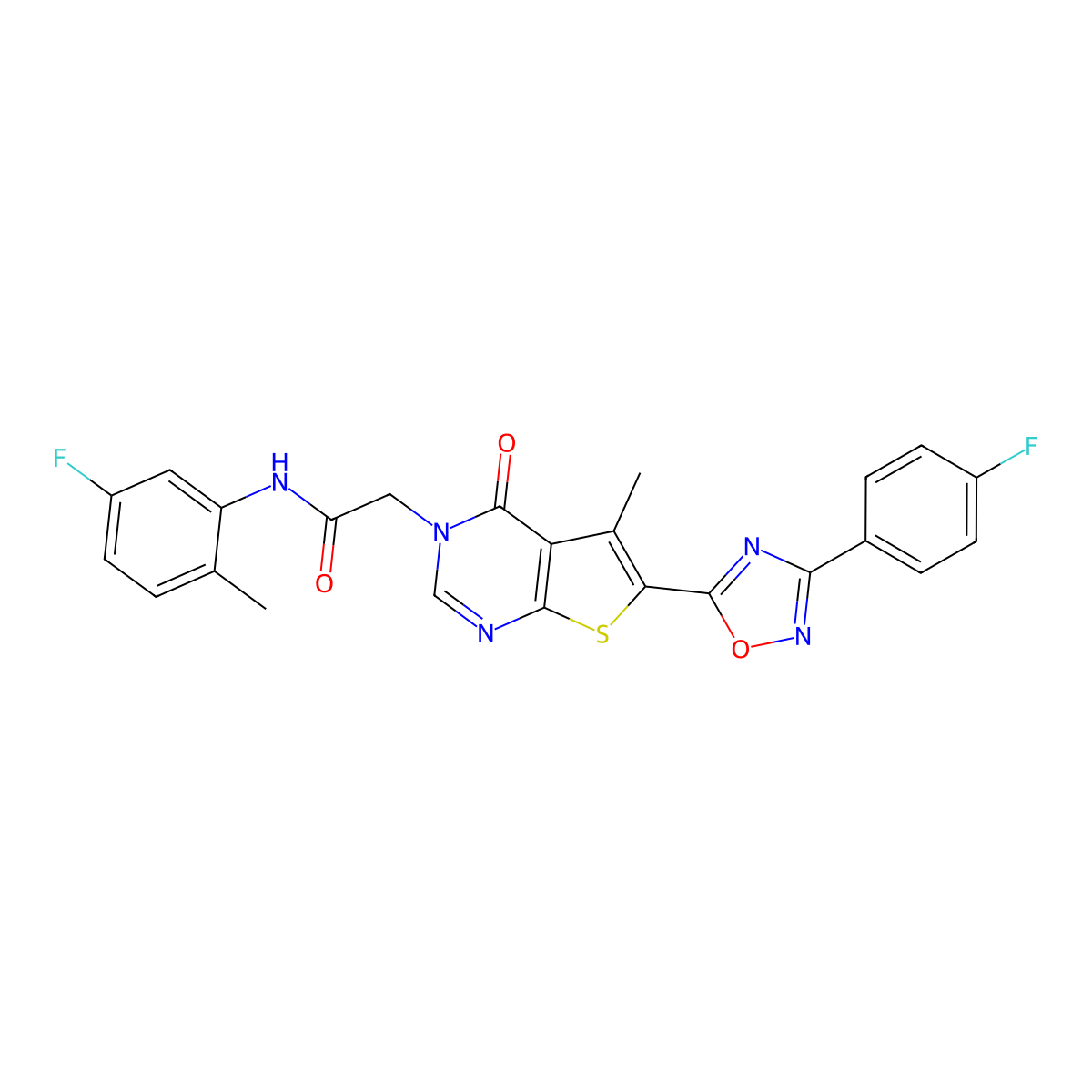N-(5-fluoro-2-methylphenyl)-2-(6-(3-(4-fluorophenyl)-1,2,4-oxadiazol-5-yl)-5-methyl-4-oxothieno[2,3-d]pyrimidin-3(4H)-yl)acetamide molecular structure, CAS 1243000-59-0