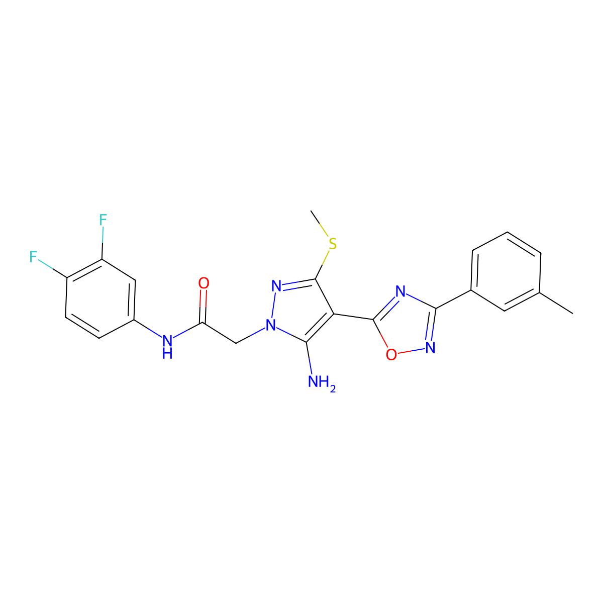 2-{5-amino-4-[3-(3-methylphenyl)-1,2,4-oxadiazol-5-yl]-3-(methylsulfanyl)-1H-pyrazol-1-yl}-N-(3,4-difluorophenyl)acetamide molecular structure, CAS 1243006-98-5