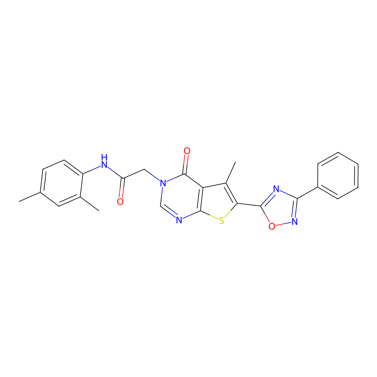 N-(2,4-dimethylphenyl)-2-(5-methyl-4-oxo-6-(3-phenyl-1,2,4-oxadiazol-5-yl)thieno[2,3-d]pyrimidin-3(4H)-yl)acetamide molecular structure, CAS 1243007-39-7