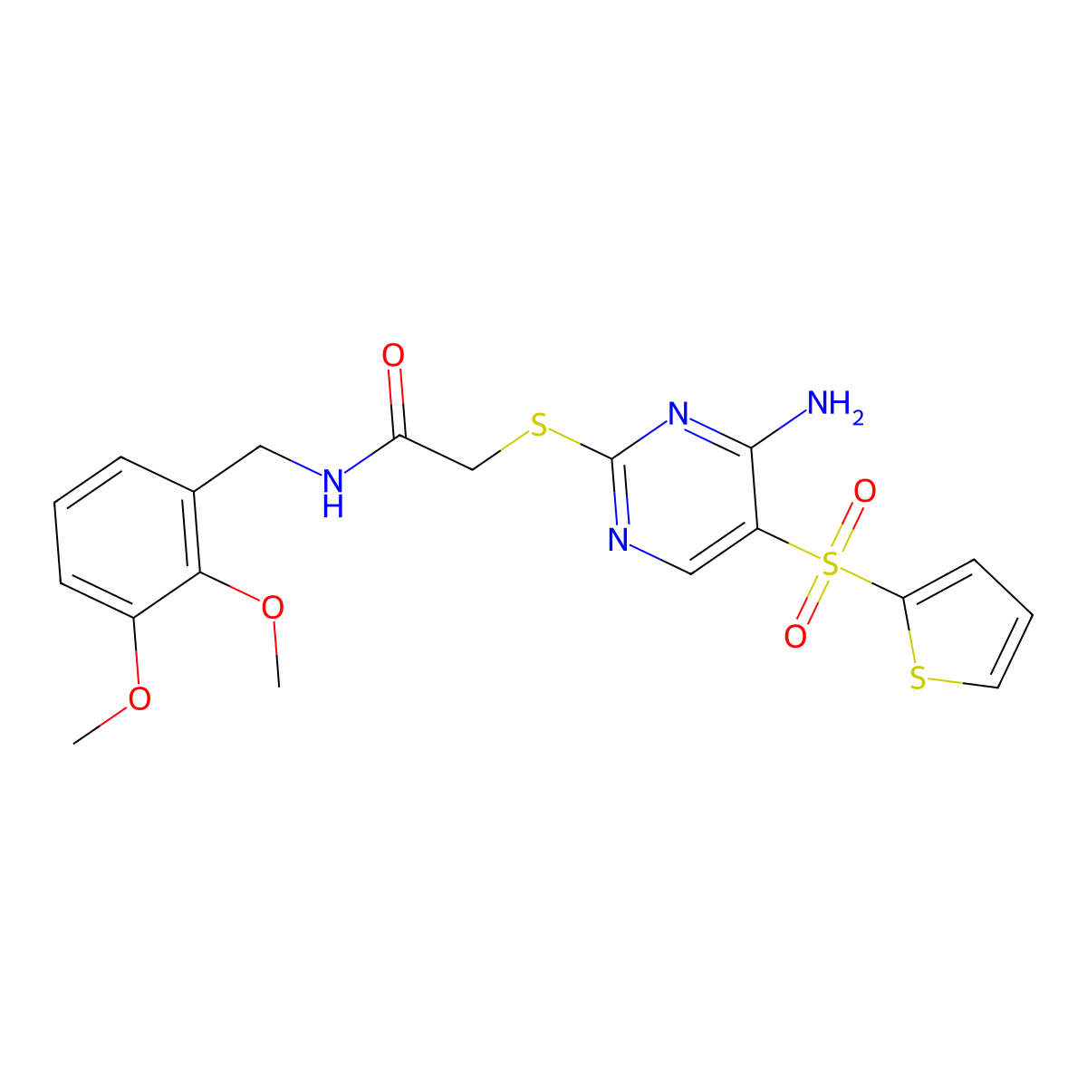 2-((4-amino-5-(thiophen-2-ylsulfonyl)pyrimidin-2-yl)thio)-N-(2,3-dimethoxybenzyl)acetamide molecular structure, CAS 1243007-60-4