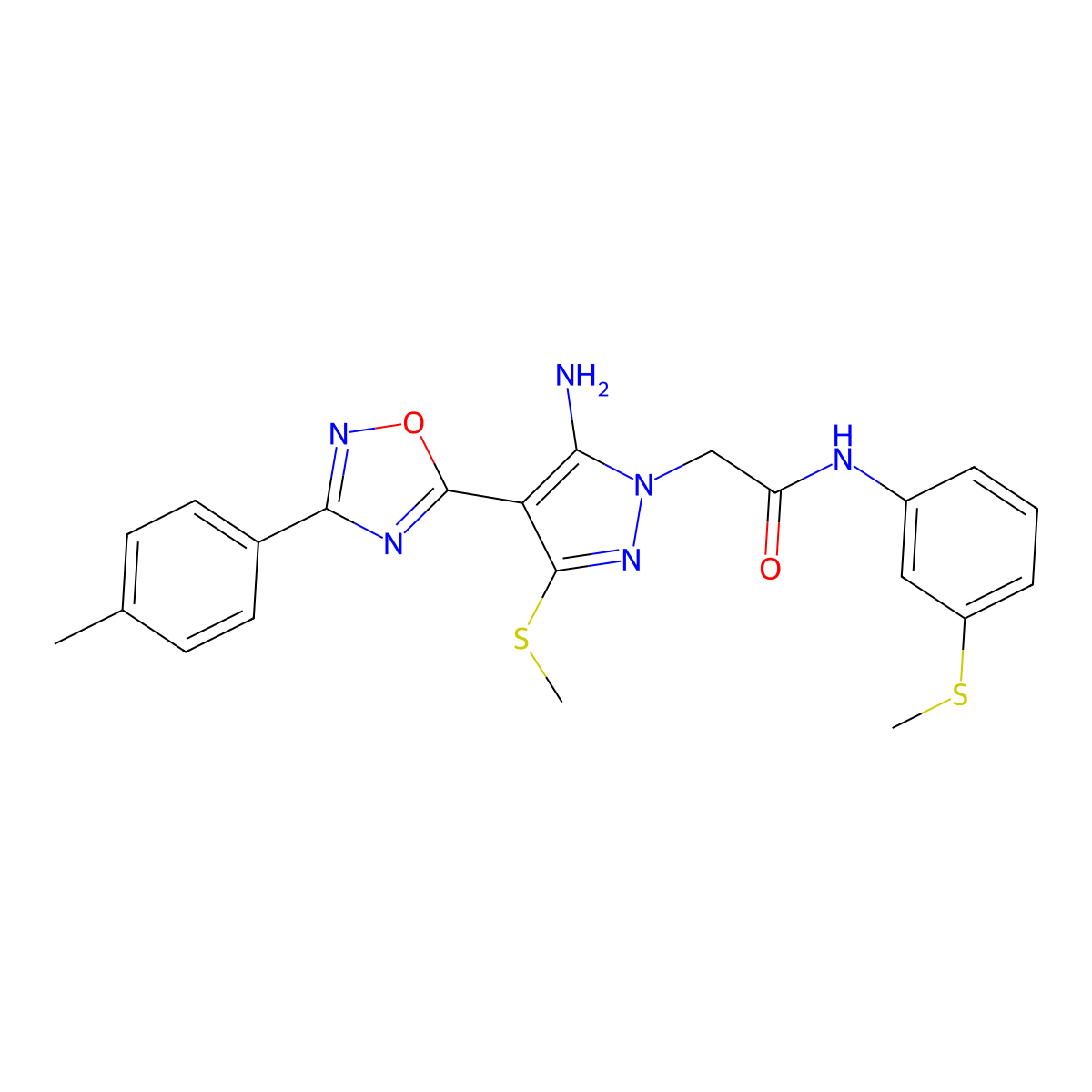 2-{5-amino-4-[3-(4-methylphenyl)-1,2,4-oxadiazol-5-yl]-3-(methylsulfanyl)-1H-pyrazol-1-yl}-N-[3-(methylsulfanyl)phenyl]acetamide molecular structure, CAS 1243008-16-3