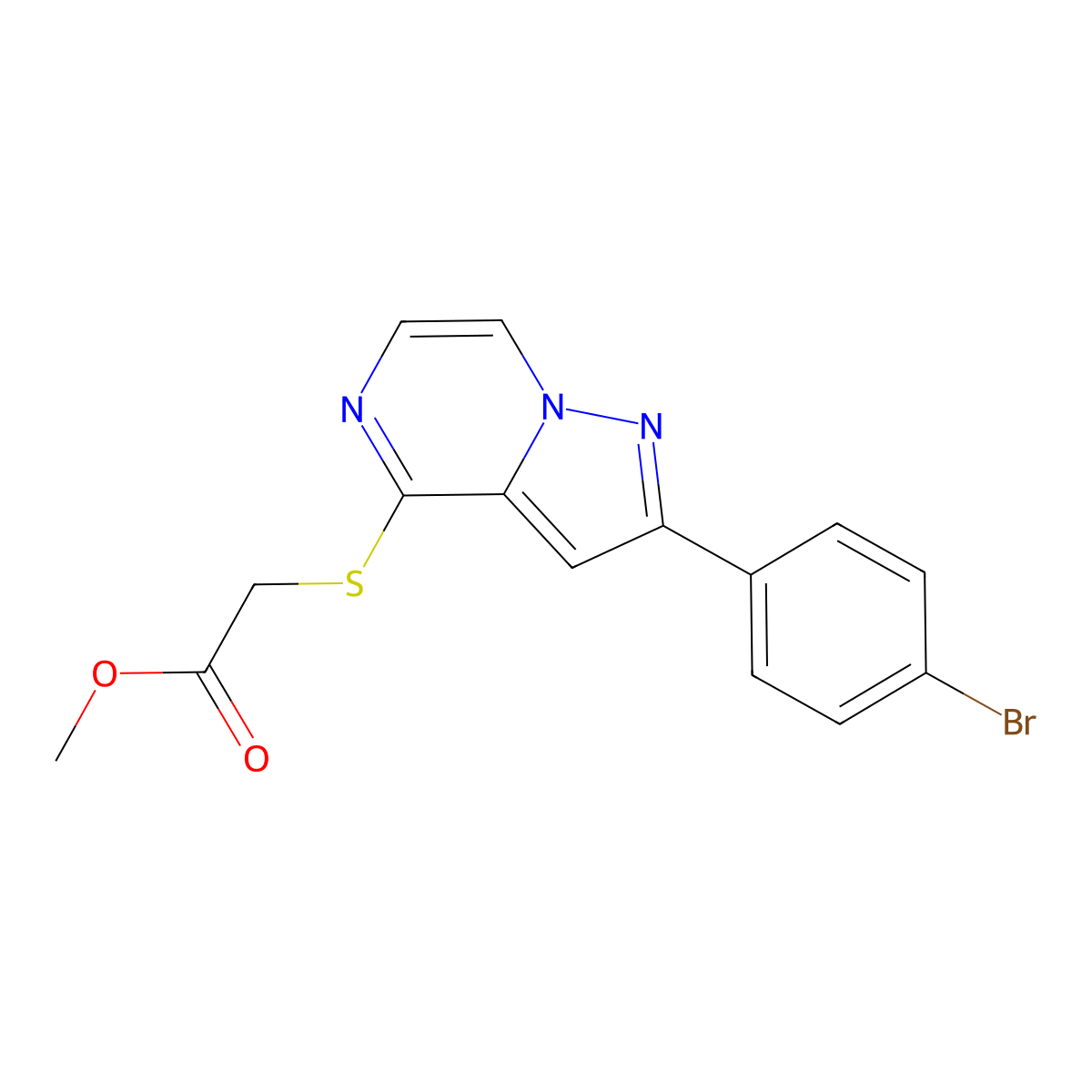 Methyl {[2-(4-bromophenyl)pyrazolo[1,5-a]pyrazin-4-yl]thio}acetate molecular structure, CAS 1243011-29-1