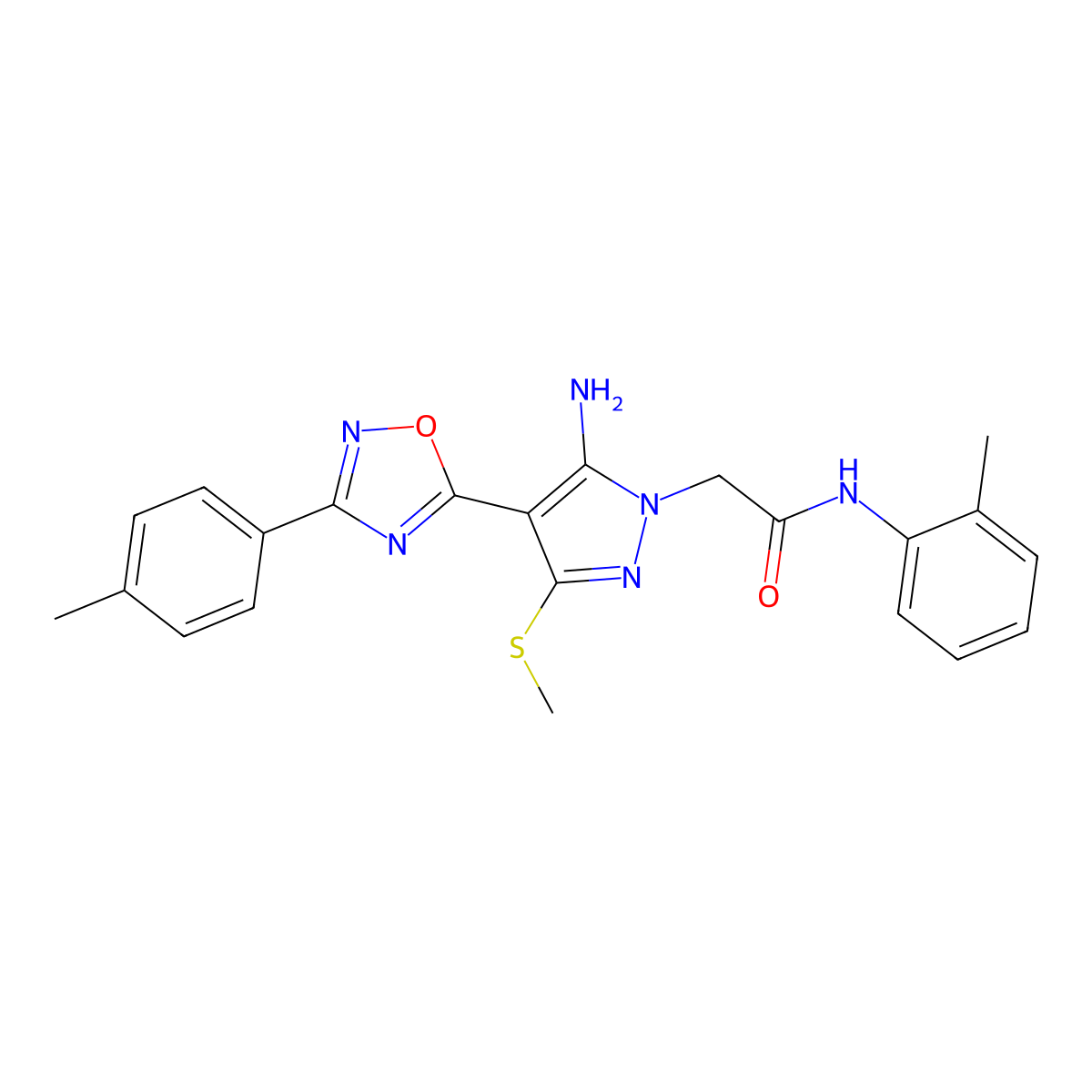 2-{5-amino-4-[3-(4-methylphenyl)-1,2,4-oxadiazol-5-yl]-3-(methylsulfanyl)-1H-pyrazol-1-yl}-N-(2-methylphenyl)acetamide molecular structure, CAS 1243019-16-0