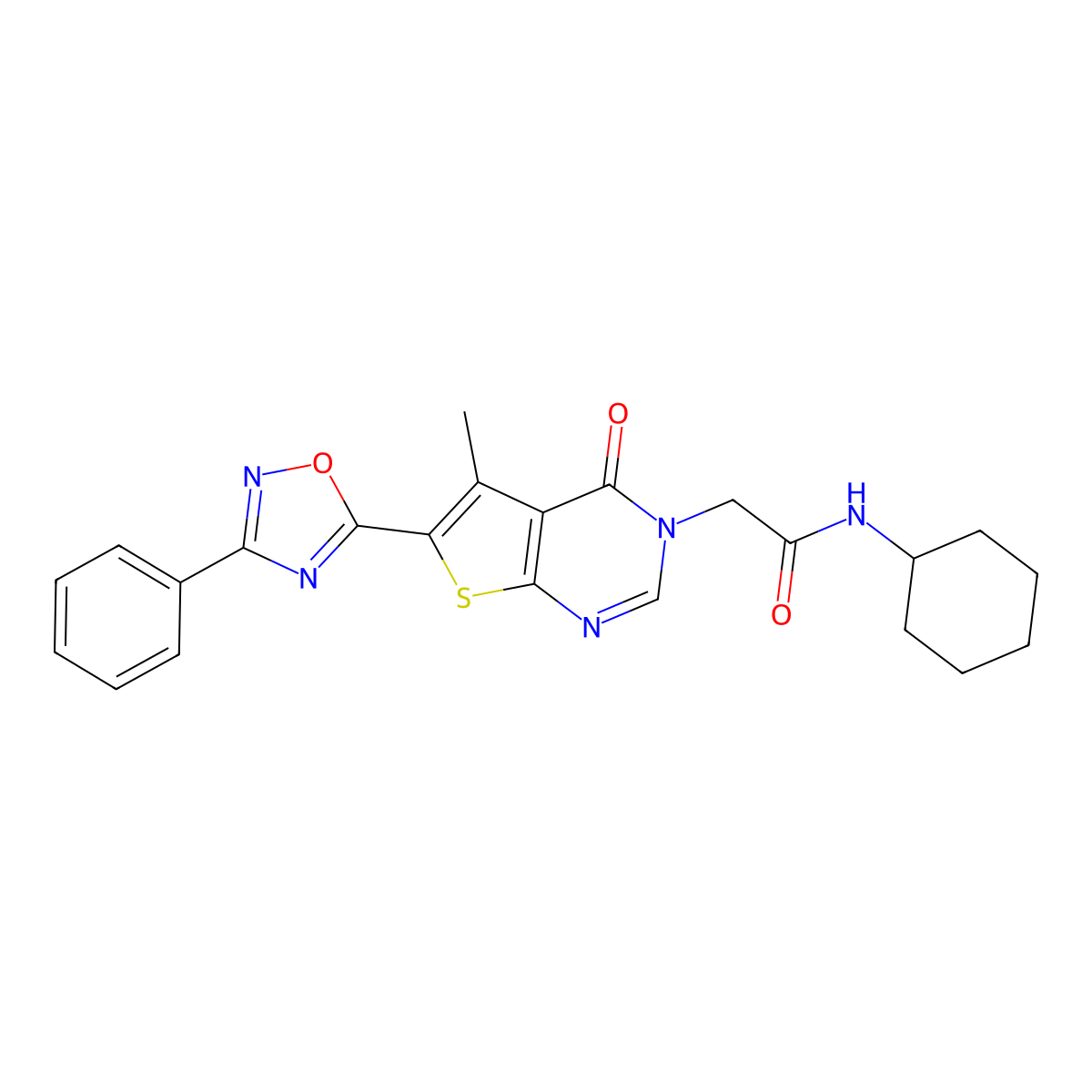 N-cyclohexyl-2-(5-methyl-4-oxo-6-(3-phenyl-1,2,4-oxadiazol-5-yl)thieno[2,3-d]pyrimidin-3(4H)-yl)acetamide molecular structure, CAS 1243021-59-1